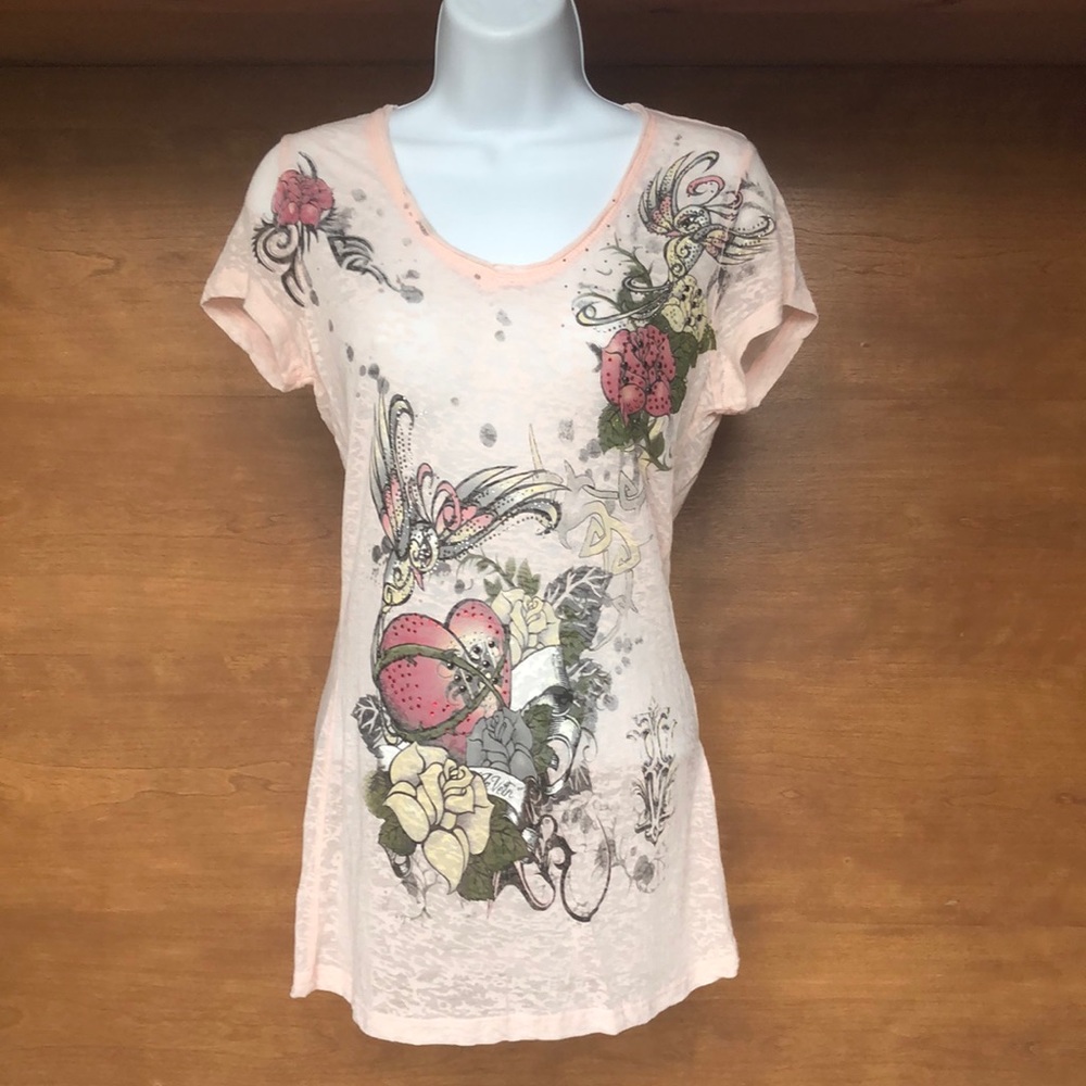 In Vein Old School Tattoo Design Rhinestone Accents Blush BurnOut Sz L